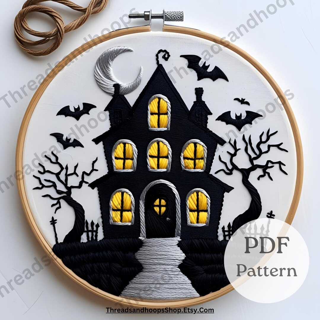 Haunted House Embroidery Hoop Art: Spooky Halloween Decor (PDF Pattern ...