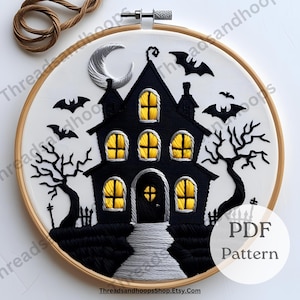 Haunted House Hand Embroidery Hoop | Spooky Halloween Wall Art with Moon, Bats and Tree | Gothic Decor Pattern | Beginner Pattern PDF