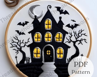 Haunted House Embroidery Hoop Art: Spooky Halloween Decor (PDF Pattern