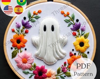 Floral Ghost Embroidery PDF Pattern | Autumn Flowers Hoop Art