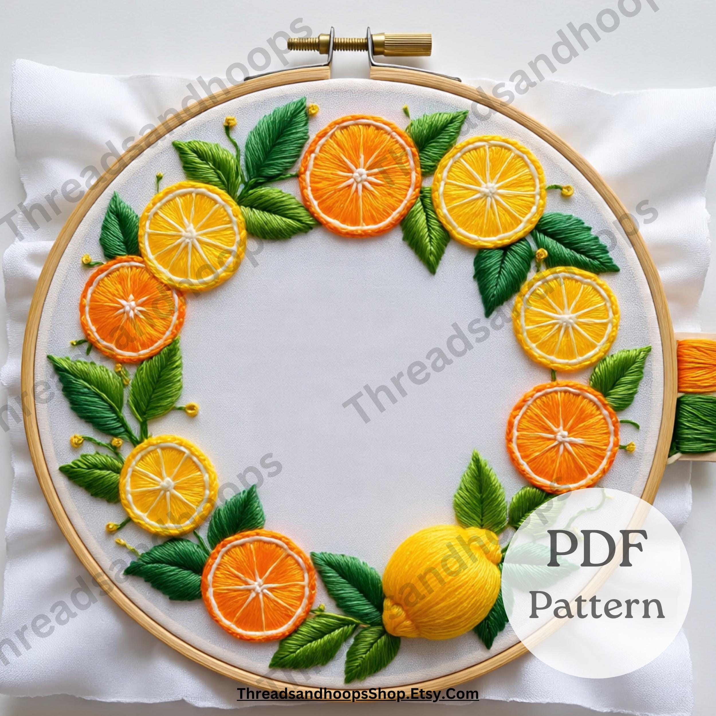 Citrus Wreath Hand Embroidery Pattern | Modern Fruit Hoop Art (PDF
