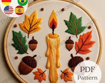 Autumn Candle Embroidery Pattern | Fall Leaves Hoop Art (PDF Pattern)