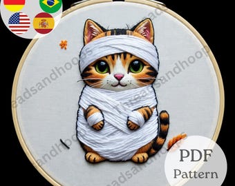 Mummy Cat Embroidery Pattern | Halloween Hoop Art (PDF Pattern)