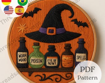 Witch Hat Potion Bottles Embroidery Pattern, Halloween Bats Hoop Art (PDF Pattern)