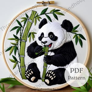 Playful Panda Hand Embroidery Hoop Art | Cute Bamboo Munching Panda Design | Animal Embroidery Pattern | Whimsical Panda Embroidery Design