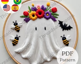 Floral Ghost Embroidery Pattern | Halloween Hoop Art (PDF Pattern)