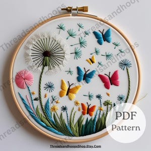 Maskros- och fjärilsbroderimönster: Modern blommig ringkonst (PDF digital nedladdning)