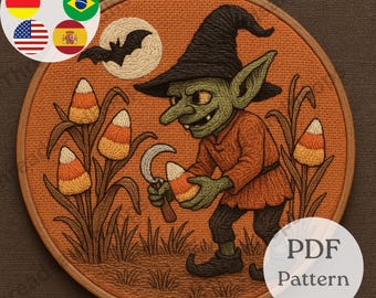 Candy Corn Goblin Embroidery Pattern | Halloween Witch Hoop Art (PDF)