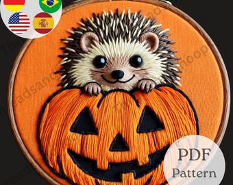 Hedgehog Pumpkin Embroidery Pattern | Halloween Animal Design (PDF)