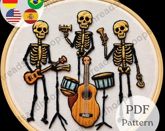 Skeleton Music Band Embroidery Pattern | Halloween Hoop Art (PDF Download)