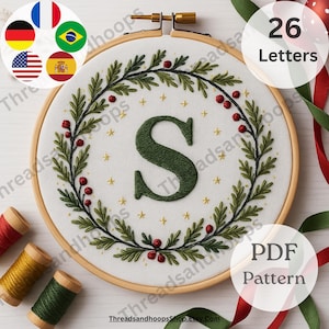 Alphabet Personalized Christmas Ornaments, Custom Embroidery pattern, Initial Christmas Tree Ornaments, Letter Hand Embroidery Stitch Guide