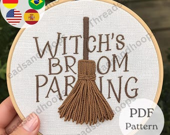 Witch's Broom Parking Embroidery Pattern | Funny Halloween Decor (PDF)
