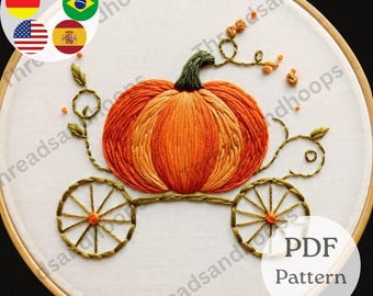 Pumpkin Carriage Embroidery Pattern | Fall Harvest Hoop Art (PDF Pattern)