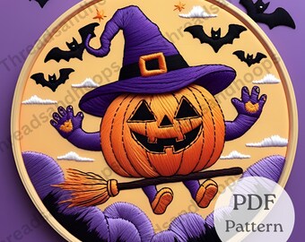 Halloween Pumpkin Witch Embroidery Pattern: Spooky Jack-O'-Lantern Hoop Art (Digital Download