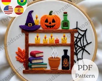 Halloween Witch Shelf Embroidery Pattern – Pumpkin, Spider Web (PDF Pattern)