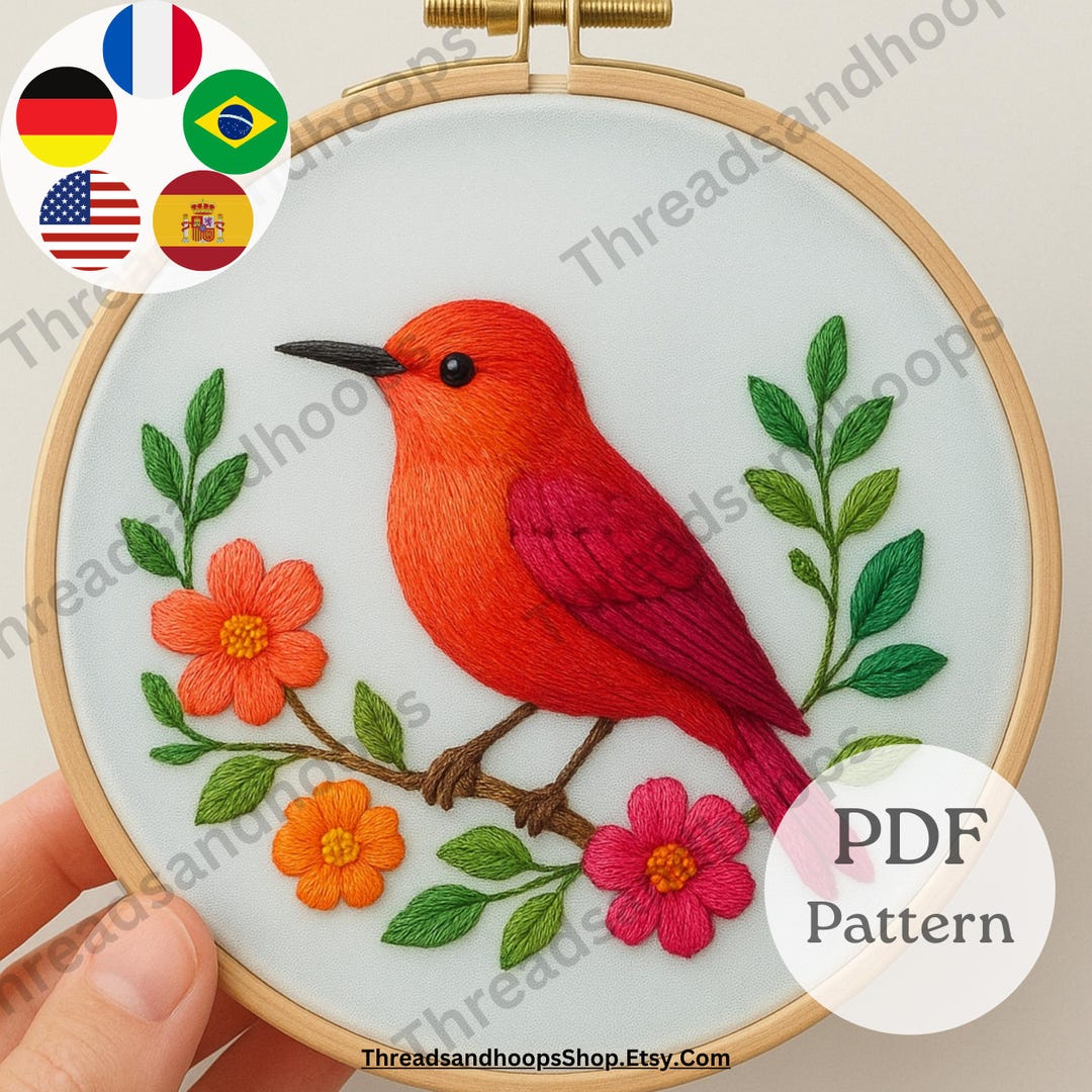 Red Bird Floral Embroidery Pattern – Beginner Hoop Art (PDF Pattern) - Etsy