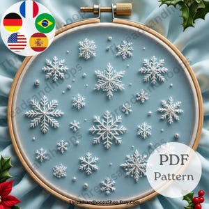 Elegant Snowflake Embroidery Pattern PDF | Winter Christmas Hoop Art, Modern Minimal Decor, Beginner Stitch Guide in English, Es, PT, De, Fr