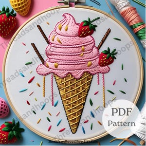 Melting Ice Cream Cone Embroidery Pattern: Summer Strawberry Scoop (PDF Pattern