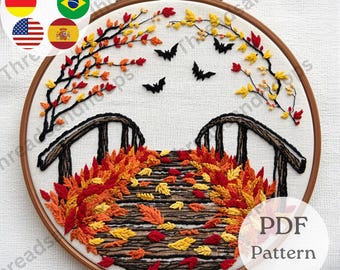 Autumn Bridge and Bats Embroidery Pattern | Fall Leaves Hoop Art (PDF)