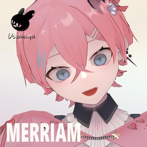 May include: Digital illustration of a character with pink hair and blue eyes. The character is smiling and wearing a pink outfit. The name "MERRIAM" is displayed in large white letters at the bottom. The logo "Usamiya" is in the top left corner.