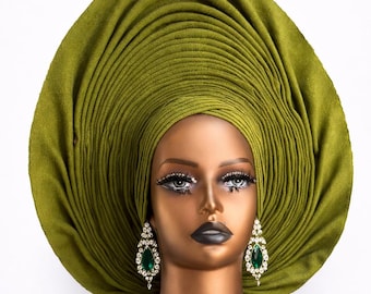 Elegant Brown Asooke Autogele: African Wedding Headtie with Ipele