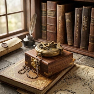 May include: A brass sundial compass with a chain rests on a square wooden box, which is placed atop a leather-bound book and an antique map. Nearby, a quill pen sits in a glass inkwell, with a rolled parchment scroll and a bookshelf in the background.