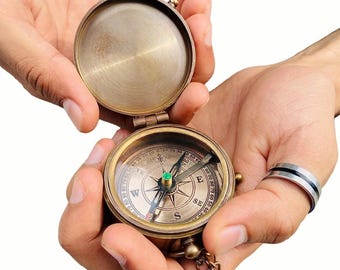 Personalized Brass Victorian Pocket Compass 1875 Design – Antique Brass Compass with Chain – Nautical Gift for Him