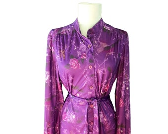 1970s vintage Day Dress, Home-Made shirt dress, midi purple shirtwaist dress