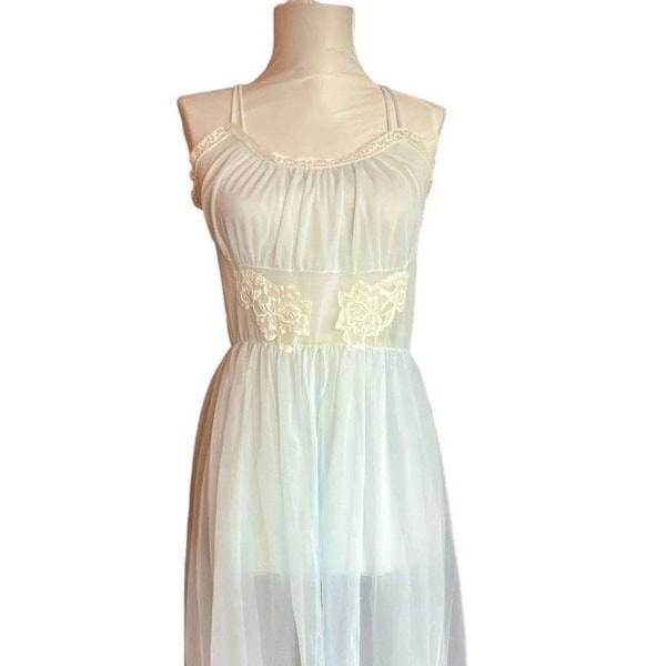 1950s sheer blue nightgown, Trillium intimate chemise nightie, night dress sleep intimates