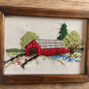 Crewel Embroidery Bridge landscape, 8x6 brown picture frame, Handmade embroidery wall hang, Sunset Designs Covered Bridge