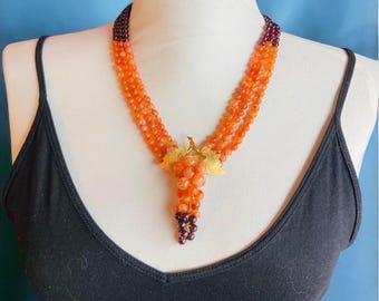 Vintage Glass Bead Necklace: Cranberry Red Orange Grape Pendant
