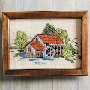 Crewel Embroidery Cottage landscape, 8x6 brown picture frame, Handmade embroidery wall hang, Sunset Designs Water Wheel Mill