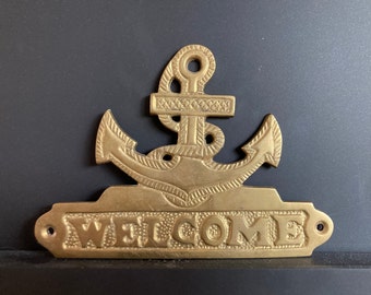 Plaque de bienvenue nautique en laiton, plaque de porte de bienvenue ancre, support de porte en laiton vintage, panneau de bienvenue suspendu