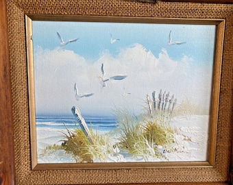 Seelandschaft Dünen Möwen Gemälde, Ölgemälde Ocean Beach, signierter Kunstholzrahmen, Strandhausdekor, Ozeanstrandkunstwerk