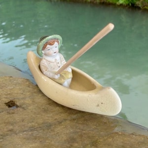 Ceramic fishing boat figurine, boy catching fish Figurine, hand-painted signed occupied Japan