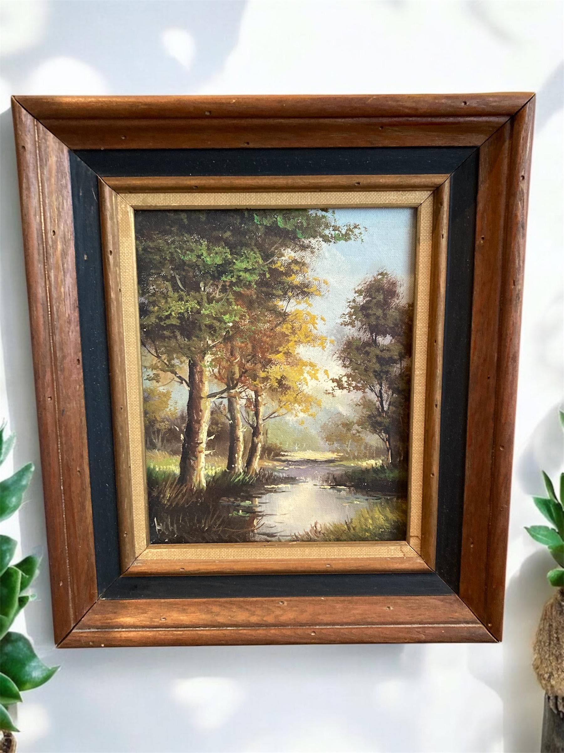 アンティーク絵画　油彩　アメリカ　森林と川　風景画　Antique　ヴィンテージ Vintage Mid Century Signed HH Forest River Landscape Oil Painting