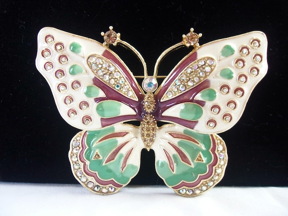 Avon Butterfly rhinestone brooch, Jade Green enam… - image 1
