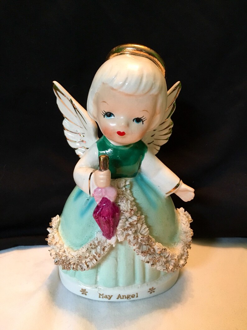 Japan Napco Vintage May Angel Porcelain figurine Green Spring Rain Umbrella Original Box Rare