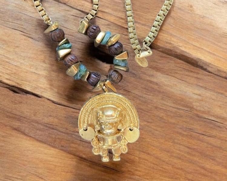 Vintage Signed Miriam Haskell Aztec Warrior Necklace Gold Wood