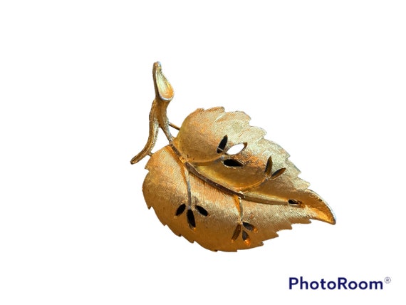 B.S.K. Golden Leaf Pin, Stylized & Leaf Floral Br… - image 3