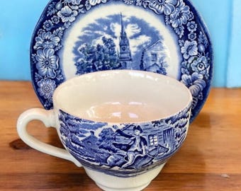 Liberty Blue Colonial Teacup, Blue transferware tea cup, Old North Church, 1970&#39;s