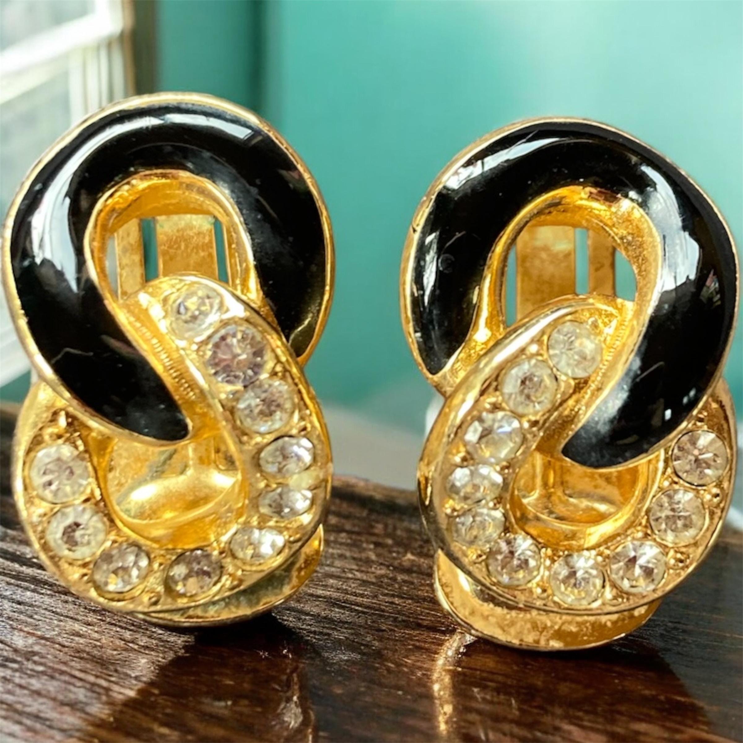 Vintage 1980s Christian Dior Pave Rhinestone Black Enamel Knot