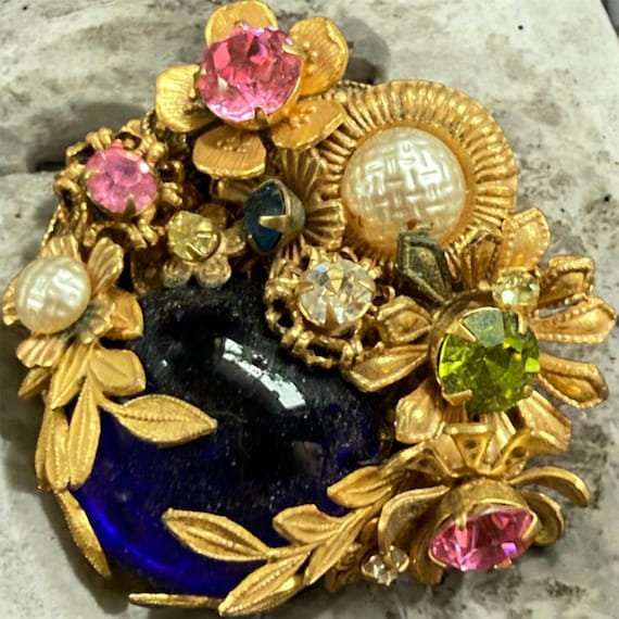 Vintage Miriam Haskell Flower Brooch Signed Cobalt Blue Poured