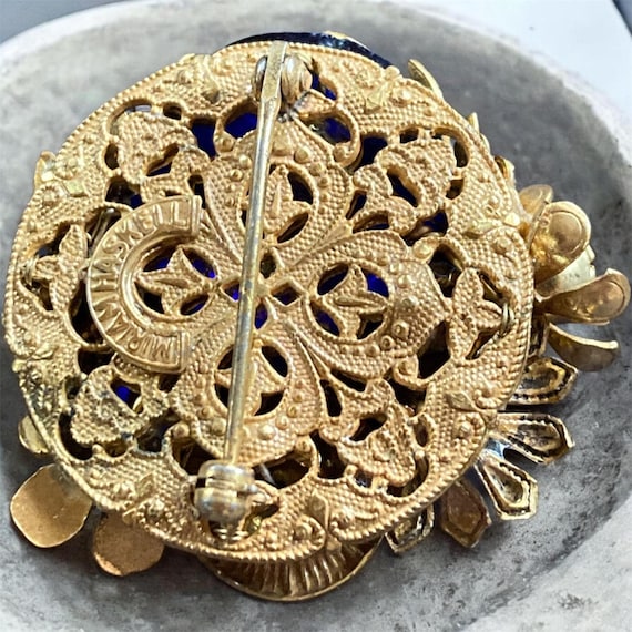 Vintage Miriam Haskell Flower Brooch Signed Cobalt Blue Poured