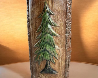 1970s Vintage Forestcore Large Pillar Candle Carved Green Pine Tree: 8.5"