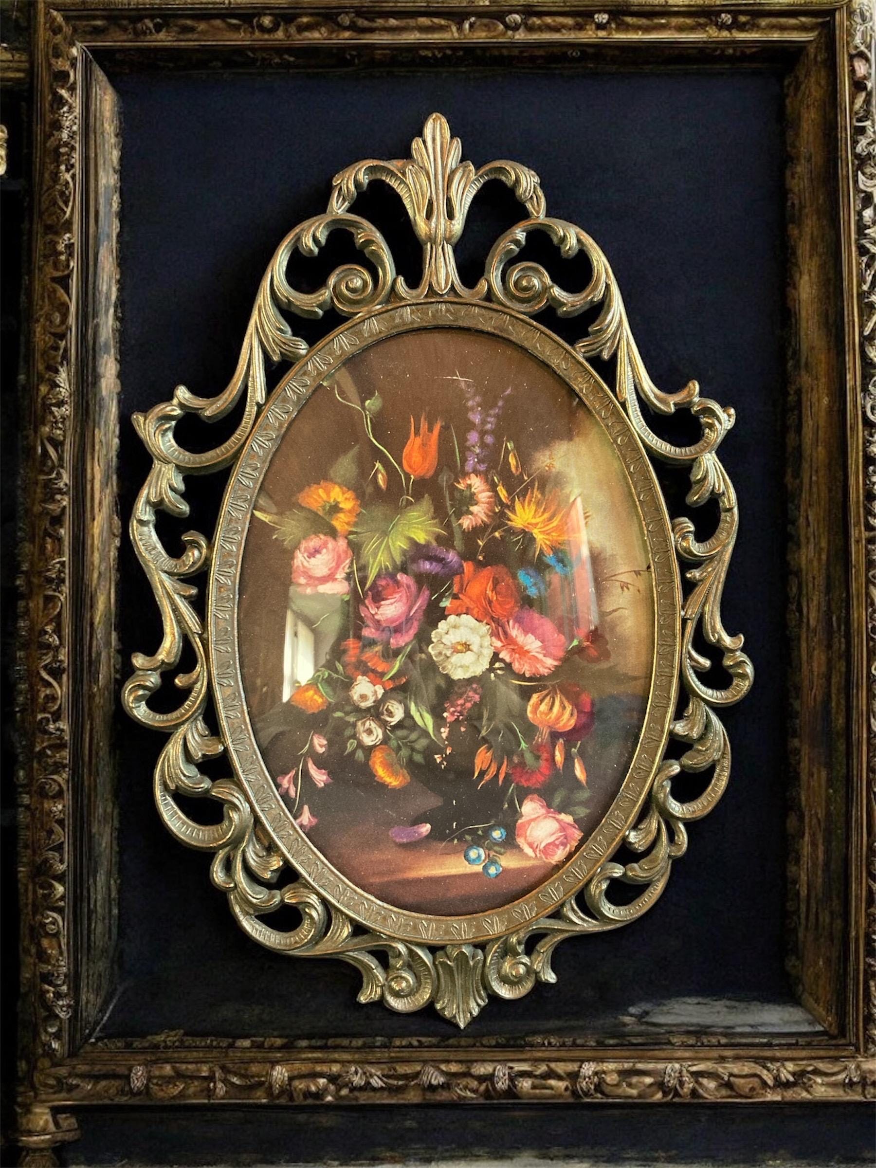 Florentine Brass Floral Frame: Ornate Rococo Wall Art, Made in Italy