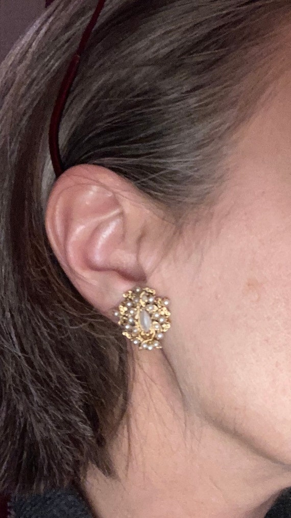 Florenza Pearl flower earrings, Gold Plate Seed P… - image 5