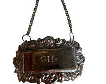 Vintage GIN Decanter tag, Ornate Engraved Repousse Label, vintage Barware Liquor Tag, retro bar gift