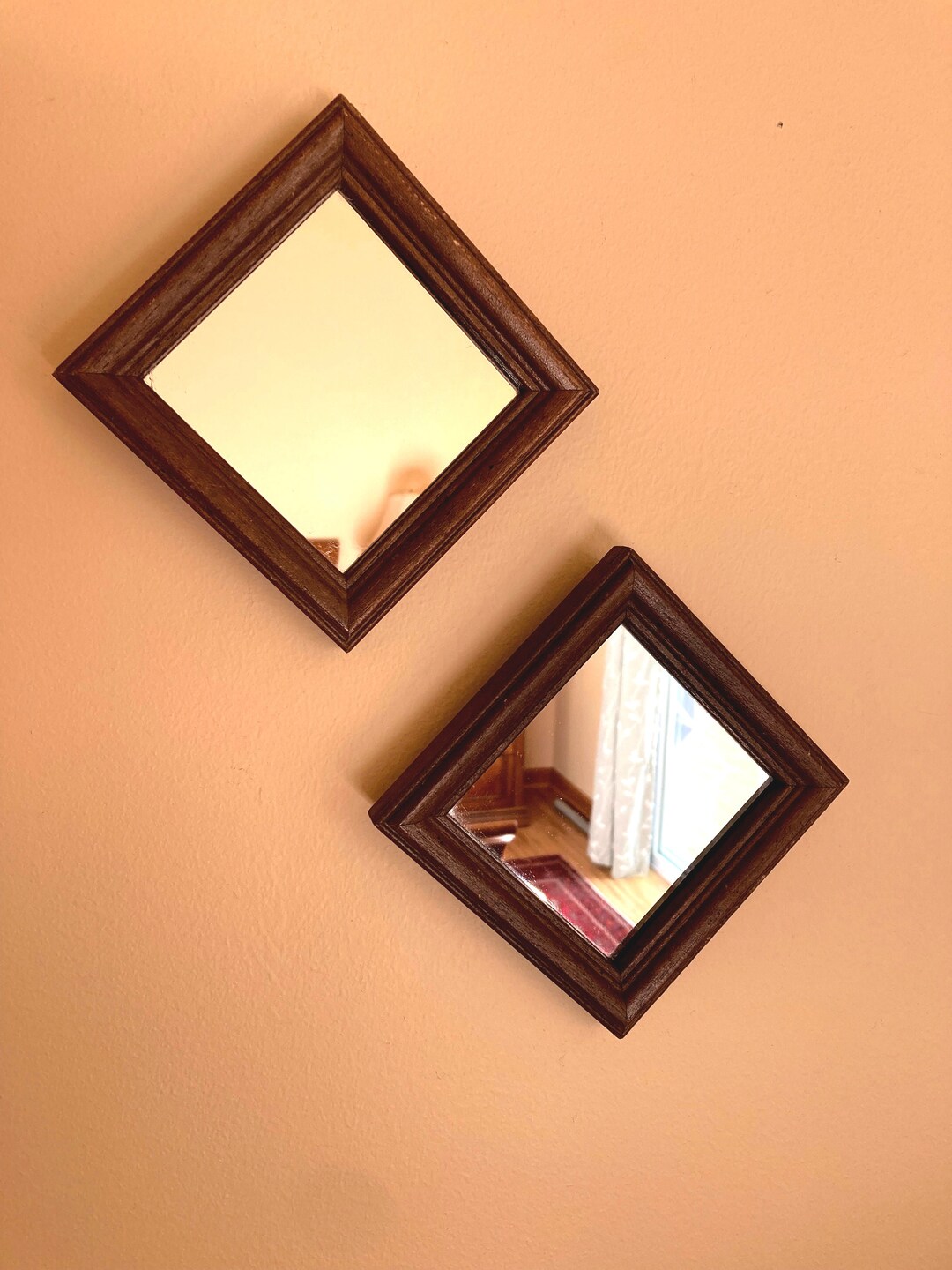 Pair of Wall Mirrors, Mini Brown Wood Mirrors, Square Shape Wall ...