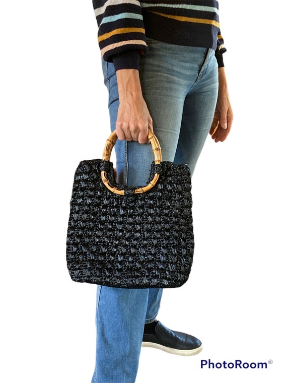 Vintage Black raffia Bag, Black Raffia Straw Tote… - image 2